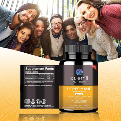 Dr. Emil Nutrition Organic Brain Boosting Nootropic Lions Mane Mushroom Capsules with Absorption Enhancers and Immune Support Lions Mane Mushroom Supplement with 100 Organic Lions Mane Extract