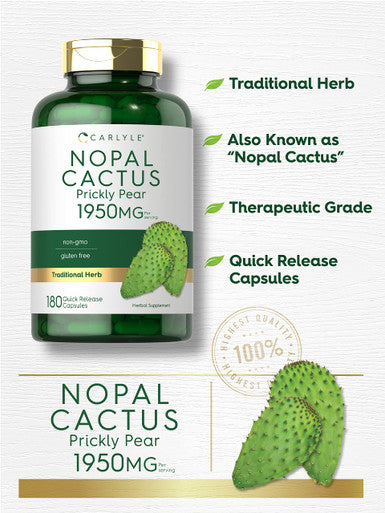 Nopal Cactus 1950 Mg | 180 Capsules | Prickly Pear | Non-Gmo, Gluten Free | By Carlyle