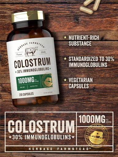 Carlyle Colostrum Capsules | 1000mg | 250 Count | 30% IGG | Non GMO Gluten Supplement | by Herbage Farmstead