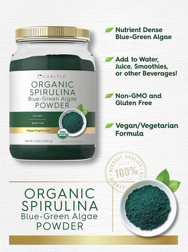 Carlyle Organic Spirulina Powder 2.2 lbs | Blue Green Algae | 8g Spirulina per Serving | Vegan Non-GMO Gluten Supplement