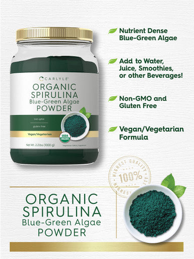Carlyle Organic Spirulina Powder For Smoothies 2.2 Lbs Blue Green Algae 8G Spirulina Per Serving Vegan, Non-Gmo, Gluten