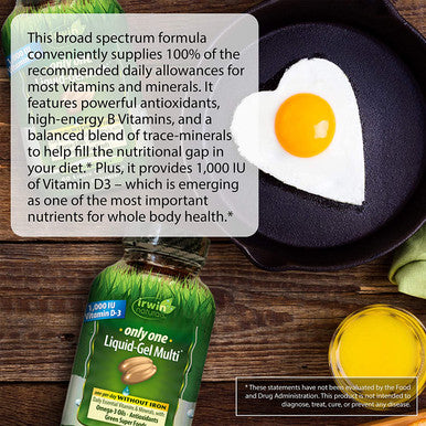 Irwin Naturals Only One Liquid-Gel Multi - No Iron Daily Essential Vitamins Minerals Antioxidants Omega-3 & Green Super Foods - 60 Liquid Softgels