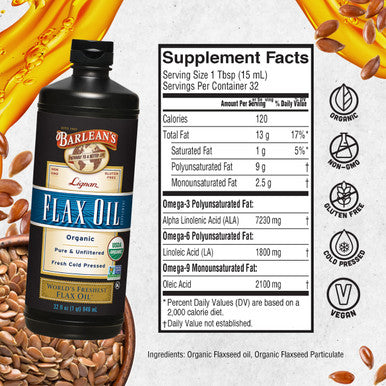 Barlean's Organic Lignan Flaxseed Oil Liquid Supplement From Cold Pressed Flax Seeds 7 230 Mg Ala Omega-3 Fatty Acids Cold Press Flax Seeds For Joint & Heart Health 32 Oz