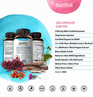Organic Irish Sea Moss 2100mg With Bladderwrack Burdock 120 Capsules For Immune System Hair Skin Nails Thyroid Colon Cleanse Keto Detox Digestive Joint Support Prebiotics Vitamins Iodine
