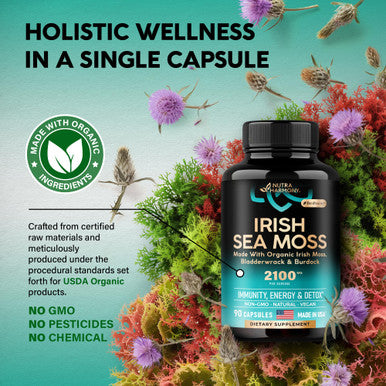 NUTRAHARMONY Irish Sea Moss Capsules - Made With Organic Sea Moss, Bladderwrack & Burdock Root - Made In Usa - Advanced Superfood - Natural Multi Supplements Blend - Immunity & Energy Support - 90 Vegan Capsules