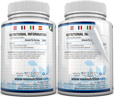 Magnesium Citrate 200mg | 180 Tablets for 6 Month Supply of Magnesium Tablets | Made in The UK by Nu U Nutrition