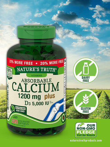 Absorbable Calcium 1200 mg with Vitamin D3 5000 IU | 120 Softgels | Calcium Carbonate Supplement | Non-GMO Gluten | Nature's Truth
