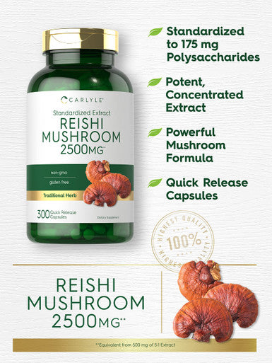 Carlyle Reishi Mushroom Supplement 2500Mg | 300 Capsules | Non-Gmo, Gluten Free Reishi Mushroom Extract