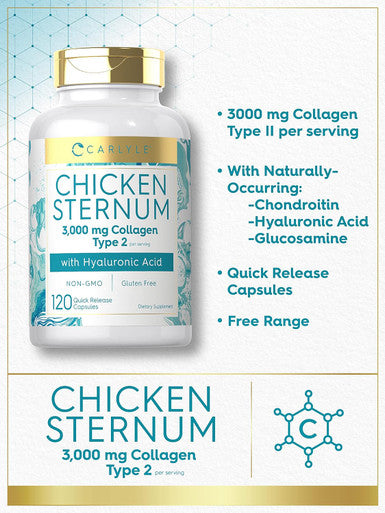Carlyle Chicken Sternum Cartilage Collagen Capsules | Type II 3000mg | 120 Pills | with Hyaluronic Acid | Non-GMO Gluten