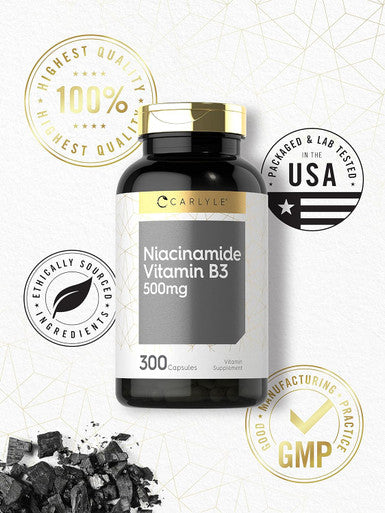 Carlyle Niacinamide Vitamin B3 | 500mg | 300 Capsules | Non-GMO Gluten Supplement