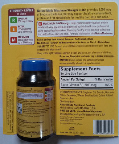 Nature Made Biotin 5 000 Mcg. 250 Softgels Maximum Strength