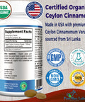 YUMMYVITE Organic Ceylon Cinnamon - 1000Mg Per Serving, Certified Organic True Cinnamon Supplement, Antioxidant, Fast Absorption - 60 Tablets