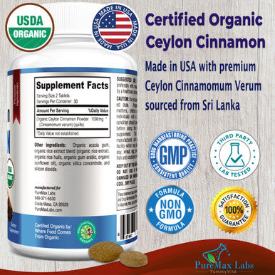 YUMMYVITE Organic Ceylon Cinnamon - 1000Mg Per Serving, Certified Organic True Cinnamon Supplement, Antioxidant, Fast Absorption - 60 Tablets