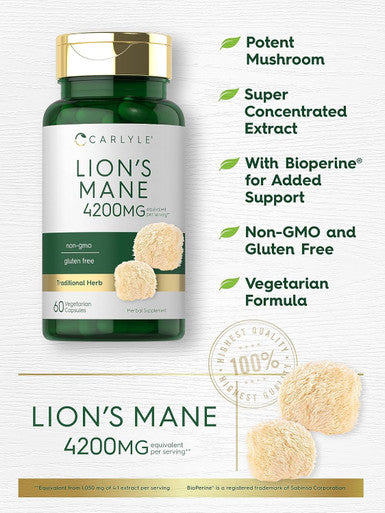 Carlyle Lions Mane Supplement Capsules | 4200mg | 60 Count | Vegetarian Non-GMO & Gluten