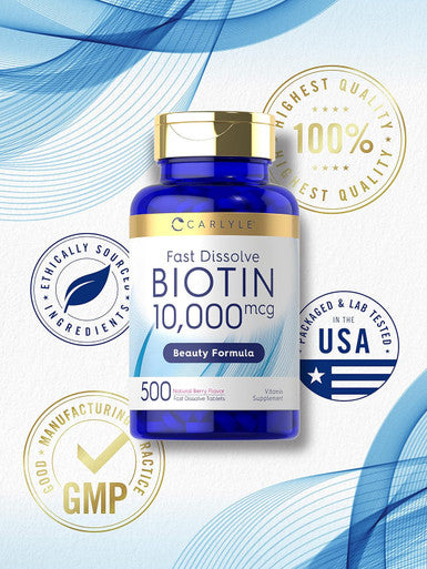Carlyle Biotin 10000mcg | 500 Fast Dissolve Tablets | Max Strength | Vegetarian Non-GMO Gluten Supplement