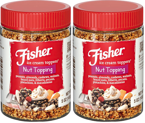Fisher Mixed Nuts Ice Cream Topping, 5 oz, Peanuts, Almonds, Cashews, Walnuts, Brazil Nuts, Filberts, Pecans, Pistachios & Macadamias, Gluten-Free, No Added Sugars, Ice Cream, Yogurt, Salad Toppings