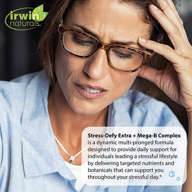 Irwin Naturals Stress-Defy Extra Plus Mega B-Complex - Potent Adaptogens Support a Balanced, Positive Mood - Calm & Focused Stress Management with Rhodiola, 5HTP, Reishi & Maca - 60 Liquid Softgels