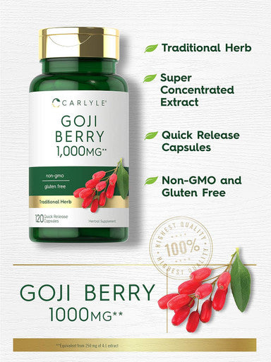 Carlyle Goji Berry 1000mg | 120 Capsules | Concentrated Extract from Wolfberry Plant | Non-GMO Gluten