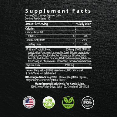 Karamd Probio Amplify - High Potency Cfus, 11 Enzyme Strains & Healthy Natural Fiber - Probiotic Supplement For Digestive Support & Gut Health - Vegetable Capsules - 30 Servings (90 Capsules)