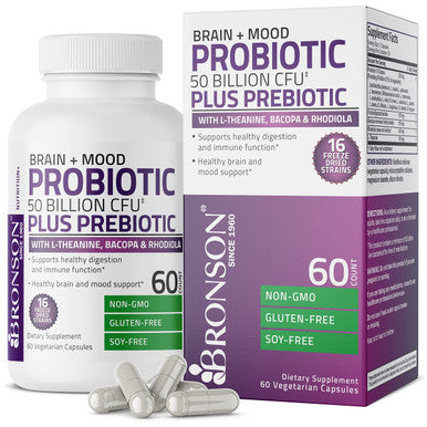 Bronson Brain + Mood Probiotic 50 Billion Cfu Plus Prebiotic With L-Theanine, Bacopa And Rhodiola Non-Gmo, 60 Vegetarian Capsules