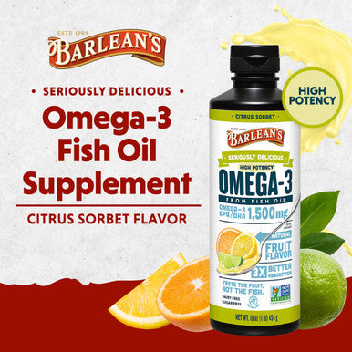 Barlean's Citrus Sorbet High Potency Omega 3 Fish Oil Liquid Supplement 1500Mg Of Epa and Dha Fatty Acid Smoothie Flavored and Burpless For Brain Joint and Heart Health 16 Oz