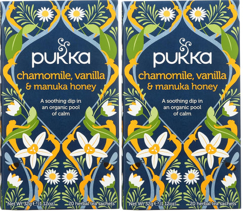 Pukka Calming Chamomile, Vanilla & Manuka Honey Organic Herbal Tea, Soothing Organic Tea Infusion Selection, Honey & Fennel Blend, Caffeine Free, 80 Total Bags (20ct - Pack of 4)
