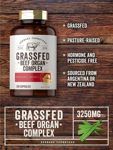 Grassfed Beef Organs 3250mg | 200 Quick Release Capsules | Desiccated Liver, Kidney, Pancreas, Heart, Spleen Supplement | Non-GMO, Gluten Free | by Herbage Farmstead
