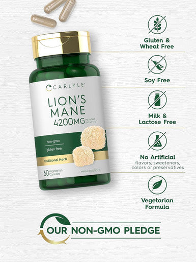 Carlyle Lions Mane Supplement Capsules | 4200mg | 60 Count | Vegetarian Non-GMO & Gluten
