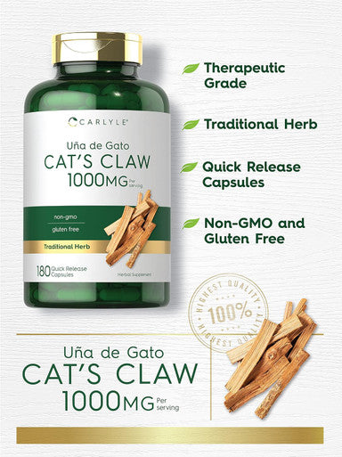 Carlyle Cat's Claw Capsules 1000mg | 180 Count | Uncaria Tomentosa | Non-GMO Gluten Supplement
