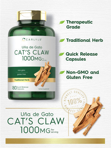 Carlyle Cat'S Claw Capsules 1000Mg | 180 Count | Uncaria Tomentosa | Non-Gmo, Gluten Free Supplement