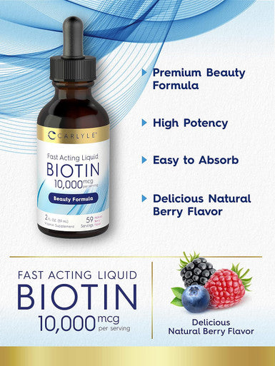 Carlyle Liquid Biotin 10000mcg | 2 oz | Extra Strength Drops | Vegetarian Non-GMO Gluten Supplement
