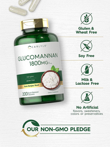 Glucomannan Capsules | 200 Count | Soluble Fiber Pills | Non-GMO, Gluten Free Supplement | by Carlyle