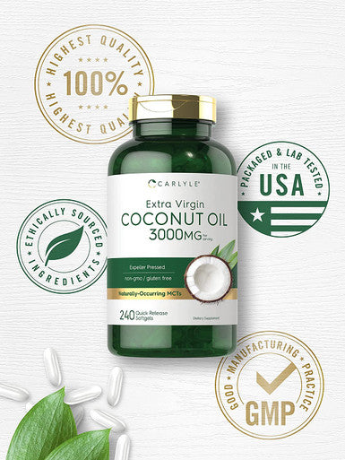 Coconut Oil Softgel Capsules | 3000 mg | 240 Count | Non-GMO and Gluten Free Extra Virgin Supplement | Naturally Occurring MCTs | by Carlyle