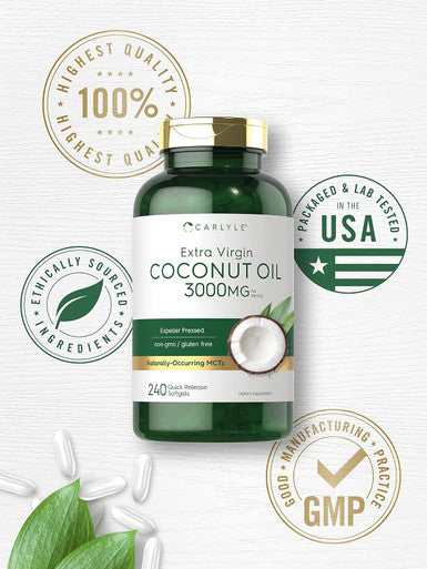 Carlyle Coconut Oil Extra Virgin Softgel Capsules | 3000mg | 240 Count | Naturally Occurring MCTs | Non-GMO and Gluten Supplement