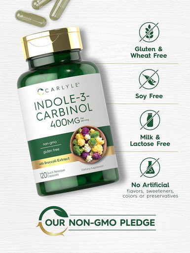 Carlyle Indole-3-Carbinol (I3C) 400mg | 120 Capsules | Advanced Formula with Broccoli Extract | Non-GMO Gluten
