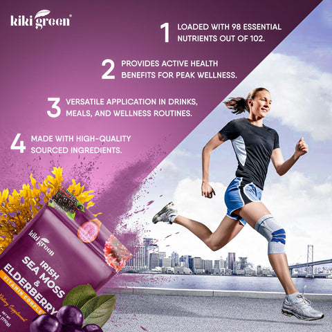 KIKI Green Sea Moss Powder with Elderberry Vegan Superfood Multivitamin Blend for Immune Boost and Support Add to Smoothies Juice 6 oz