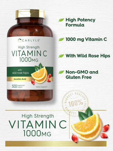 Carlyle Vitamin C 1000Mg | 500 Vegetarian Caplets | Ascorbic Acid With Wild Rose Hips | High Strength Formula | Non-Gmo And Glute