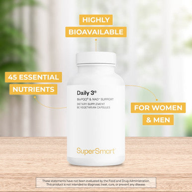 Supersmart Daily 3 Three Daily Multivitamin for Women Men with BioPQQ NMN 42 Ingredients Antioxidant Nutrients NonGMO GlutenFree 90 Vegetarian Capsules 1 Month Supply