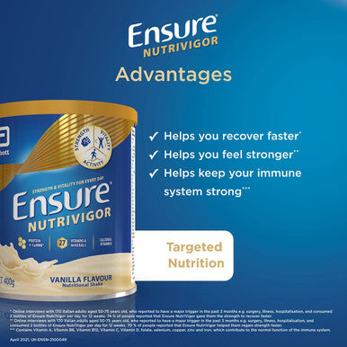 Ensure NutriVigor Protein Shake | Boost Energy and Help Support Recovery| Vitamin D Supplement with Protein, CaHMB and 27 Vitamins and Minerals | 400g | Vanilla Flavour
