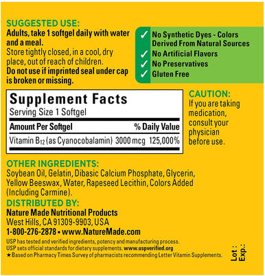 Nature Made Extra Strength Vitamin B12 3000 mcg Softgels, 60 Count
