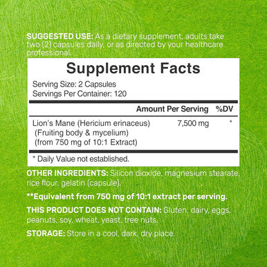 Lions Mane Mushroom Supplement, 7,500Mg Per Serving, 240 Capsules ÃƒÂ¢Ã¢â€šÂ¬Ã¢â‚¬Å“ Active Fruiting Body & Mycelium 10:1 Extract ÃƒÂ¢Ã¢â€šÂ¬Ã¢â‚¬Å“ Natural Brain Nootropic & Immune System Booster ÃƒÂ¢Ã¢â€šÂ¬Ã¢â‚¬Å“ Non-Gmo