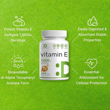 Deal Supplement Vitamin E Supplements 1000 IU Per Serving 240 Softgels Extra Strength Antioxidant Protection Bioavailable Stable Form Skin Heart Brain & Immune Support Non-GMO