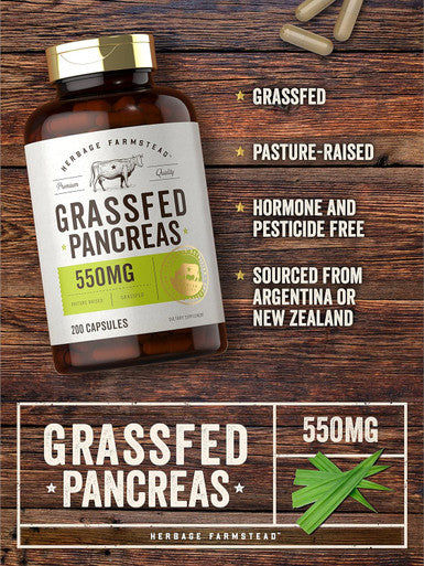 Carlyle Grass Fed Beef Pancreas | 550mg | 200 Capsules | Desiccated Pasture Raised Bovine Supplement | Non-GMO Gluten | by Herbage Farmstead