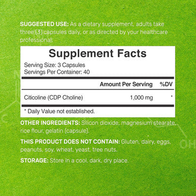 Deal Supplement Citicoline CDP Choline 1000mg Per Serving 120 Capsules Extra Strength Choline Supplements Nootropic B Vitamin Properties Promotes Brain Health Memory & Focus Non-GMO