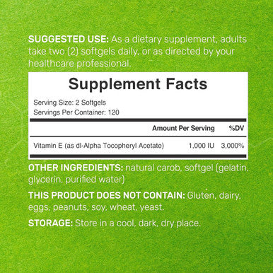 Deal Supplement Vitamin E Supplements 1000 IU Per Serving 240 Softgels Extra Strength Antioxidant Protection Bioavailable Stable Form Skin Heart Brain & Immune Support Non-GMO