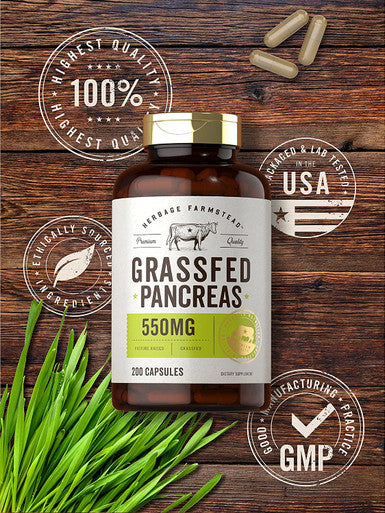 Grass Fed Beef Pancreas 550mg | 200 Capsules | Desiccated Pasture Raised Bovine Supplement | Non-GMO, Gluten Free | by Herbage Farmstead