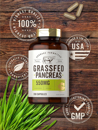 Carlyle Grass Fed Beef Pancreas | 550mg | 200 Capsules | Desiccated Pasture Raised Bovine Supplement | Non-GMO Gluten | by Herbage Farmstead