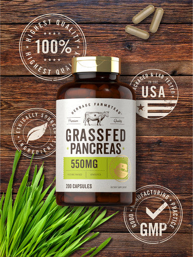 Grass Fed Beef Pancreas 550Mg | 200 Capsules | Desiccated Pasture Raised Bovine Supplement | Non-Gmo, Gluten Free | By Herbage Fa