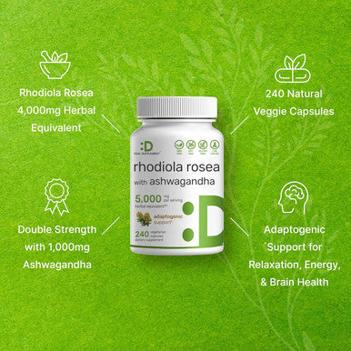 Deal Supplement Rhodiola Rosea with Ashwagandha 5000mg Per Serving 240 Veggie Capsules Max Strength 10:1 Root Extract Adaptogenic Supplements for Relaxation Energy & Brain Health Non-GMO