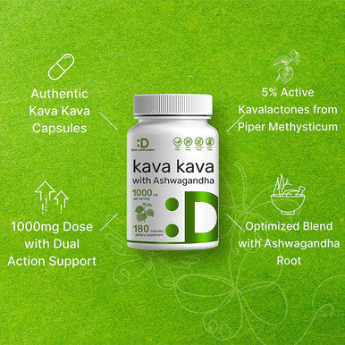 Kava Kava with Ashwagandha, 1000mg Per Serv, 180 Capsules | 5% Active Kavalactones | Ashwagandha Root + Piper Methysticum Extract (Root), 3 Months Supply, Support Relaxation & Positive Mood